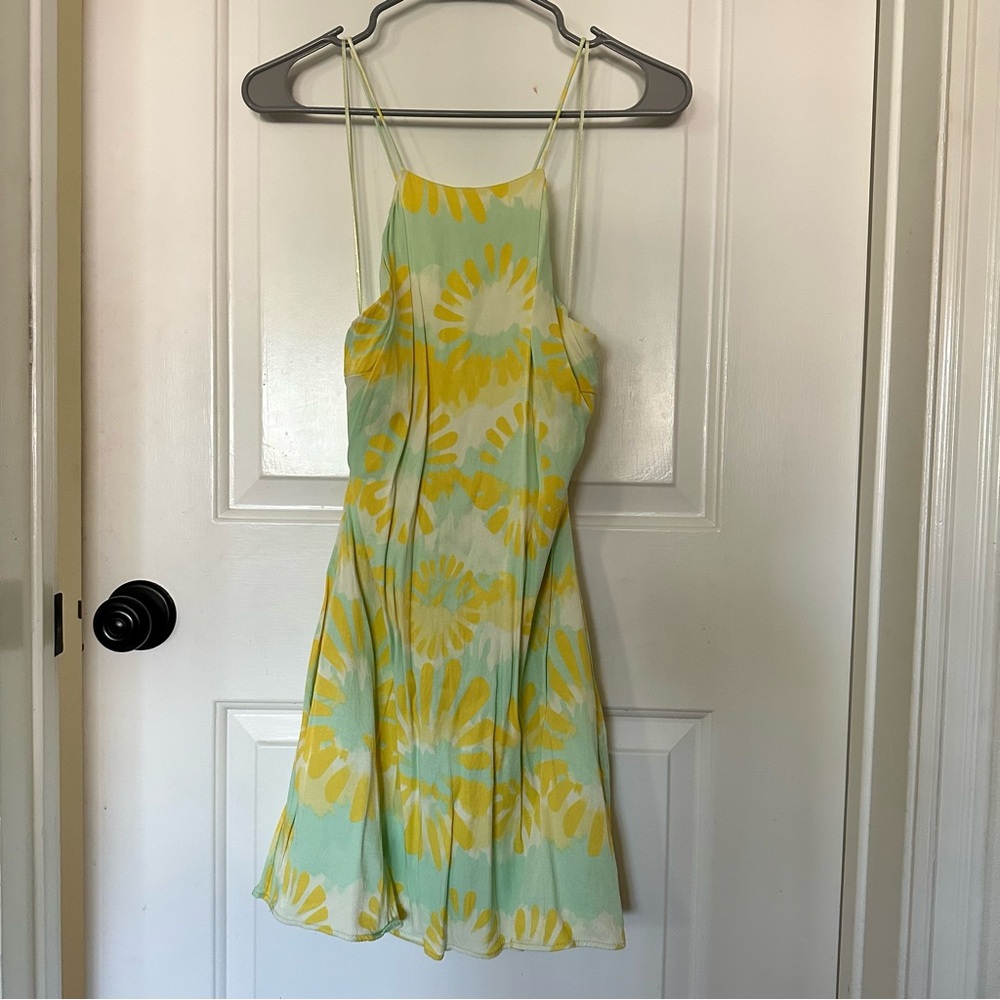 Zara Mint Green and Yellow Floral Tie-Dye Spaghetti Strap Mini Dress